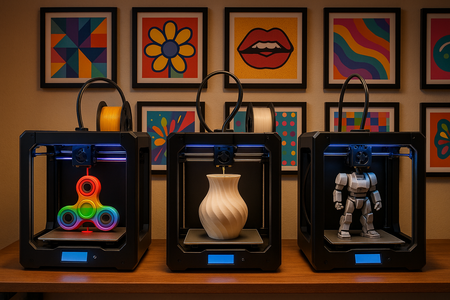 trhee 3d pritners on a shelf each producign something different - colourful fidget spinner, vase, and sci fi robot at different stages of eaxch print. On the wall behind colourful fun art 